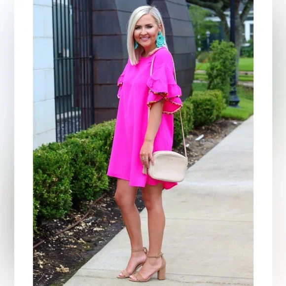 NEW! VERY J Hot Pink Shift Dress with Pom Pom sleeves size Small - Picture 1 of 8